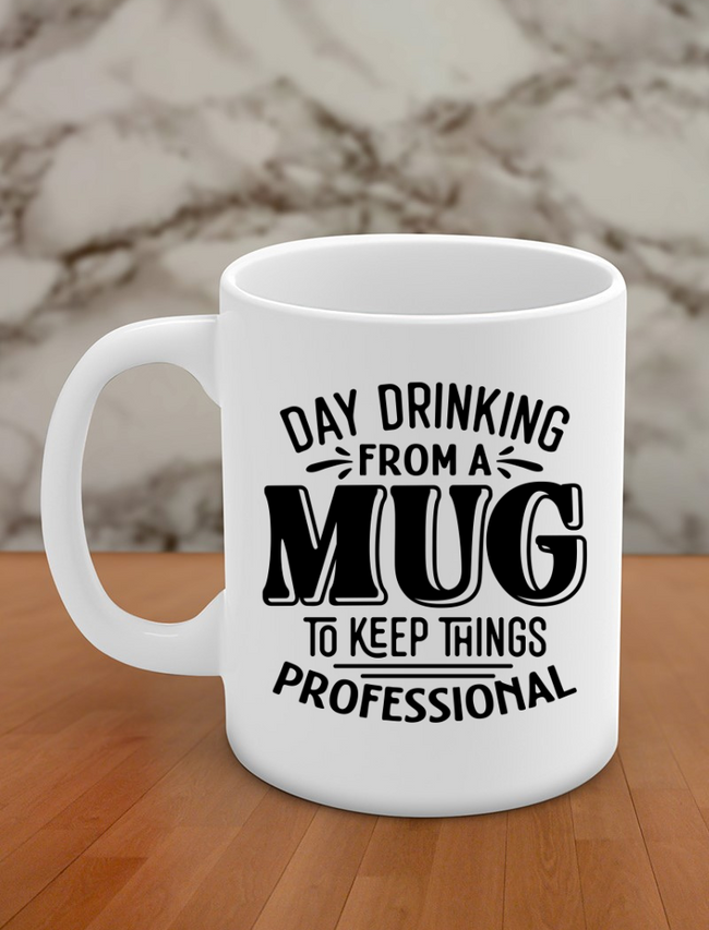 Day drinking from a mug to keep things professional Hover Image
